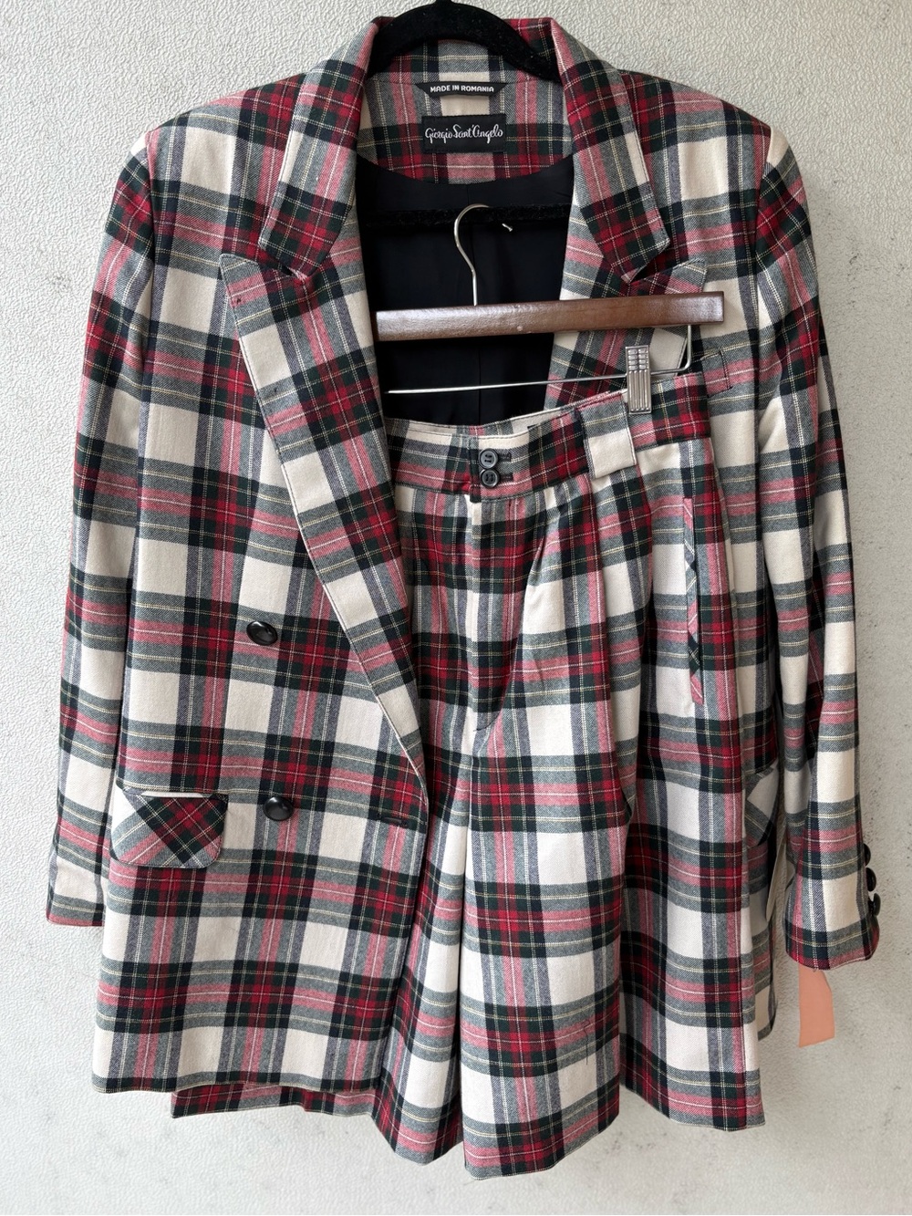 NWT Giorgio Sant'Angelo 100% Wool Plaid Blazer Shorts Suit Set Sz 8